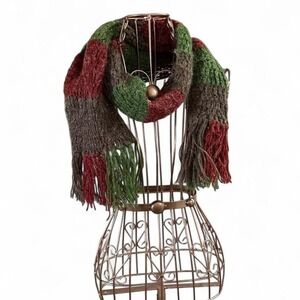 Dark green and burgundy striped scarf with tassels